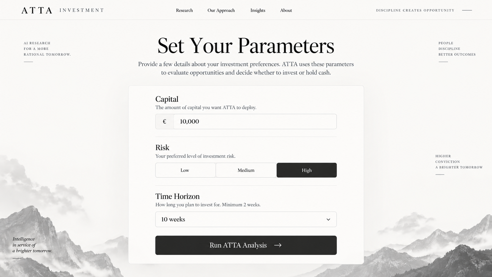 ATTA parameter screen showing 10,000 euro capital, high risk tolerance and a 10 week time horizon