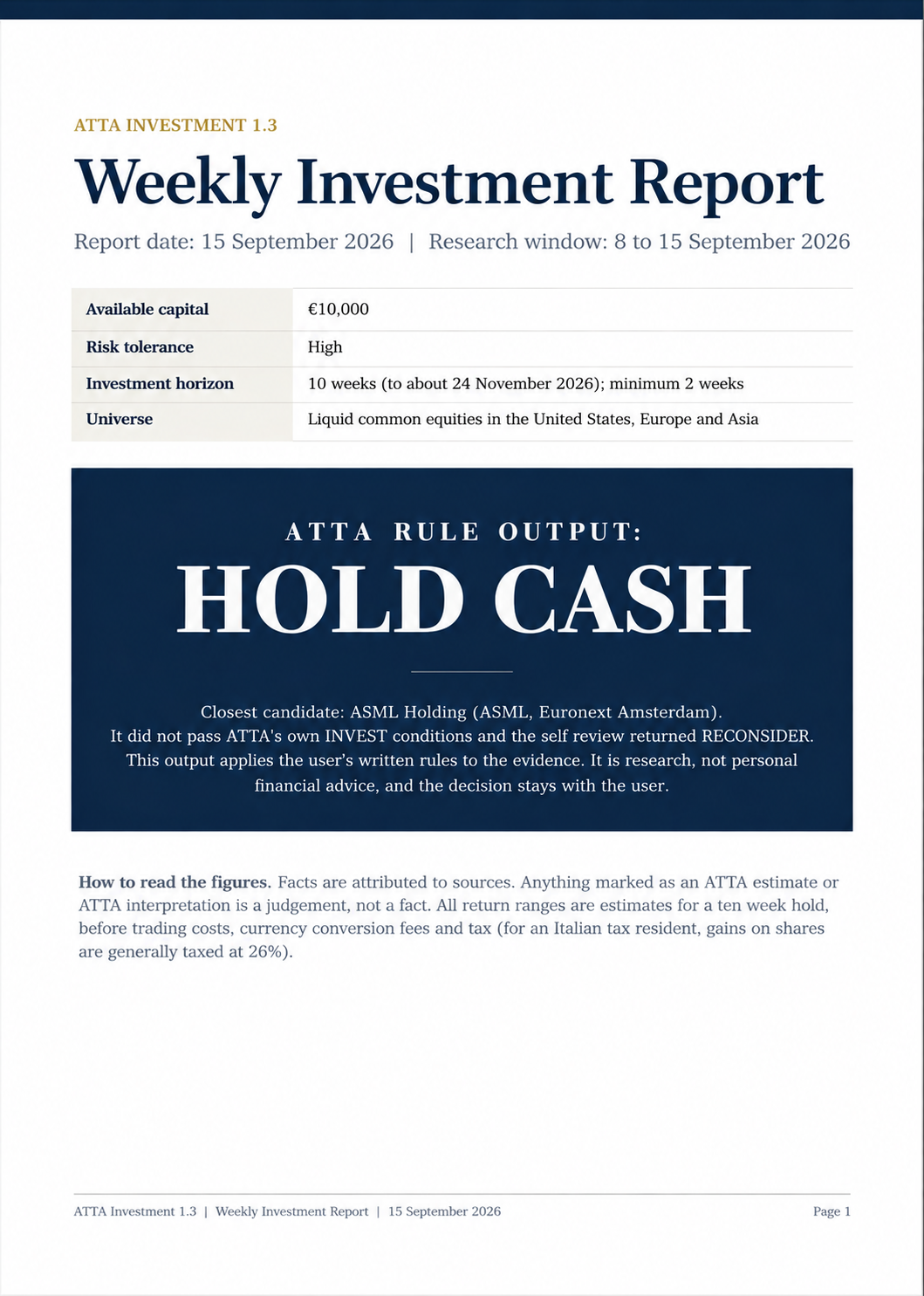 First page of the ATTA Investment 1.3 weekly investment report with the rule output HOLD CASH
